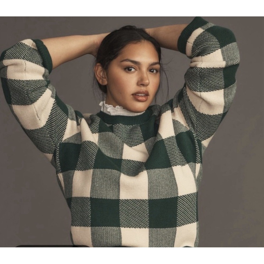 Anthropologie Green Buffalo Check Ruffle Collar Sweater Women's Size Large